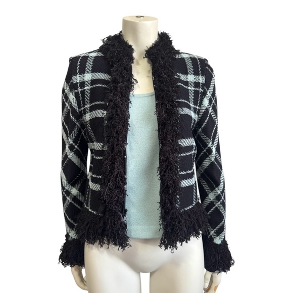 Vintage ST. JOHN Collection Black Teal Plaid Fringed Jacket Knit Tank Set Size 4 - Picture 1 of 16